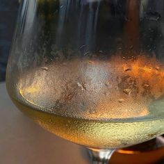 a wine glass filled with liquid sitting on top of a table