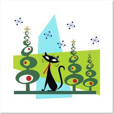 a black cat sitting on top of a table next to a green tree filled with stars