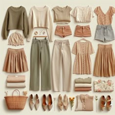 Casual Outfit For Home, Petite Romantic Style, Capsule Wardrobe Light Spring, Capsule Wardrobe Cottagecore, Cottagecore Wardrobe Essentials, Soft Spring Aesthetic Outfits, Muted Autumn Outfit, Soft Autumn Outfit Ideas, Soft Autumn Outfits Capsule Wardrobe