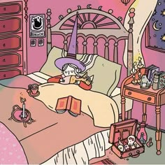 a drawing of a girl reading in her bed with an open book on the end table