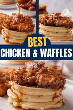 the best chicken and waffles recipe is on this plate with sauce being drizzled over them