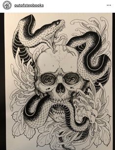 a black and white drawing of a skull with two snakes on it