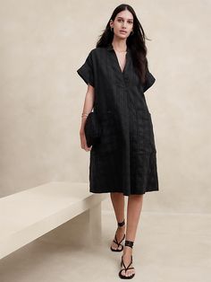 Laurel Linen-Cotton Utility Dress | Banana Republic Boxy Dress, Utility Dress, Spring Wedding Guest Dress, Black Linen Dress, Outfit Combinations, Australian Fashion, Black Linen, Simple Dresses, Women's Dresses