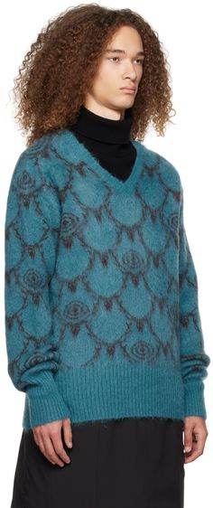 Brushed knit mohair-blend sweater. Jacquard graphic pattern throughout. · Rib knit V-neck, hem, and cuffs · Dropped shoulders · Rolled cuffs Supplier color: Blue Blue V, Graphic Patterns, V Neck Sweater, Vneck Sweater, Drop Shoulder, Neck Sweater, Rib Knit, Apparel Accessories, Shirts Tops