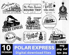 the polar express logo is shown in black and white, with different logos on it