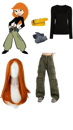 an orange haired woman's outfit and accessories including gloves, gloves, belted pants, black shirt, green pants