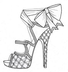 a drawing of a high heeled shoe with a bow on the top and side