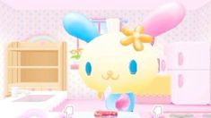 an animated image of a little bunny in a room with pink walls and flooring