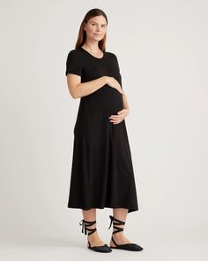 Bamboo Jersey Maternity & Nursing T-Shirt Dress Versatile Fitted Short Sleeve Dresses, Versatile Fitted Dress With Short Sleeves, Stretch Maternity Dress With Short Sleeves, Short Sleeve Maternity Stretch Dresses, Short Sleeve Stretch Maternity Dresses, Black Bump Friendly Summer Dresses, Black Bump-friendly Summer Dresses, Five Months Pregnant, Drapey Dress