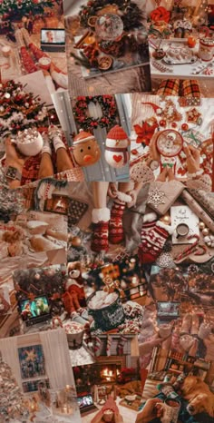 a collage of christmas items, including teddy bears and other holiday decorations on display