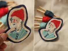 two pictures of handmade clothes pins with embroidered faces on them, one showing a man's face and the other depicting a woman's head