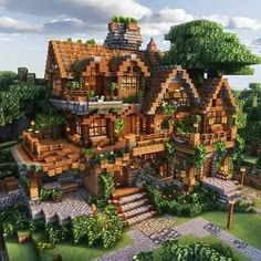 an image of a very nice house in the middle of some trees and bushes on top of it