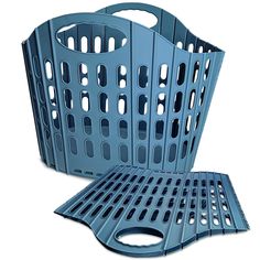 a large blue plastic basket with holes in it