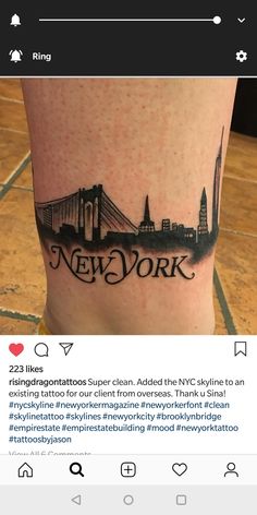 a person with a tattoo on their leg that reads new york and the brooklyn bridge