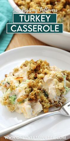 a white plate topped with turkey casserole covered in gravy