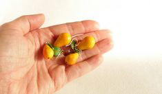 small oranges being held in the palm of someone's hand with green leaves