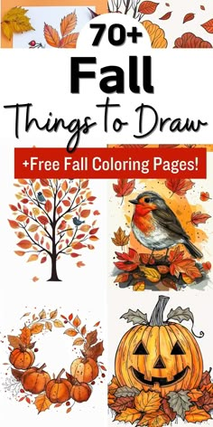 an image of fall coloring pages with pumpkins, leaves and birds in the background