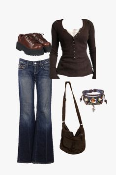 brown outfit lowrise flared jeans downtown girl aesthetic Outfits 2000s, Chique Outfits, Bella Swan