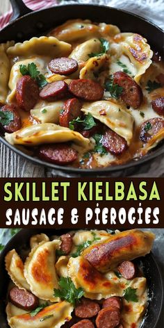 skillet kielbasa sausage and potatoes with parsley in a cast iron skillet