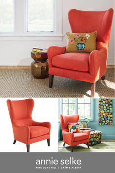 an orange chair and ottoman in front of a window