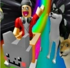 a lego man is standing next to a cat and dog with a rainbow in the background