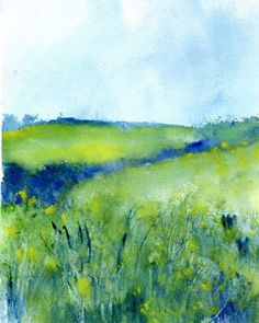 a watercolor painting of a green field with blue sky in the background and yellow wildflowers