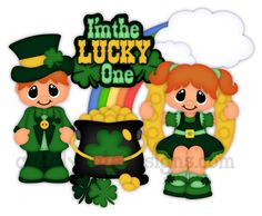 two little kids dressed in green and gold are standing next to a pot of shamrocks