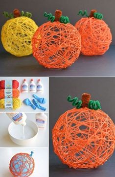 three pictures of yarn pumpkins with different colors and sizes, one is orange the other is yellow