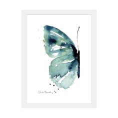 a watercolor painting of a green butterfly on white paper with black frame and border