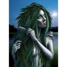 a painting of a woman with green hair holding a comb in her hand and staring at the sky