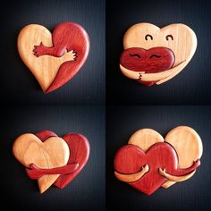 four wooden heart shaped magnets with faces and arms, each holding a smaller one