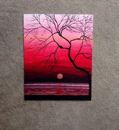 a painting of a tree with the sun setting in the background