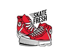 a red sneaker with the words skate fresh written on it's side and an image of a shoe