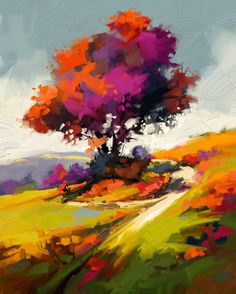 an abstract painting of a tree in the middle of a field