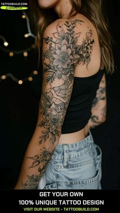 a woman with a flower tattoo on her arm and shoulder is looking at the camera