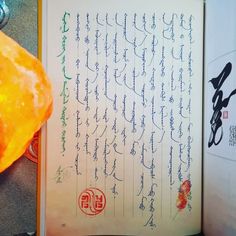 an open book with chinese writing on it and some orange flowers in the corner next to it