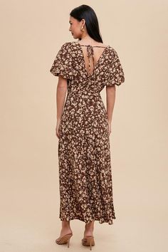 Fitted Floral Printed Dress For Casual Occasions, Brown Floral Print V-neck Dress, Fitted Maxi Dress With Ruched Back For Brunch, Fitted Maxi Dress With Smocked Back For Casual Occasions, Floral Print Square Neck Maxi Dress For Daywear, Fitted Dresses With Ruched Back For Garden Party, Fitted Ditsy Floral Print Maxi Dress, Fitted Floral Print Maxi Dress With Puff Sleeves, Fitted Maxi Dress With Smocked Back