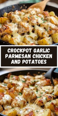 crockpot garlic parmesan chicken and potatoes in a cast iron skillet