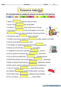 Thanks to this worksheet, your students will practice using the possessive adjectives my, your, our, their, his, her, and its. The main objective of this activity is to reinforce students' understanding of possessive adjectives in the English language.

Save this pin for your ESL class! Possessive Adjectives Worksheets, Adjectives Grammar, Esl Kids, English Grammar Exercises, Possessive Adjectives, Adjective Worksheet, Possessive Pronoun, Sentence Correction