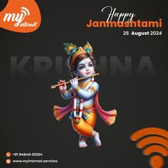 an advertisement for happy janmasanti with the image of hindu god playing flute