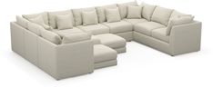 a large sectional couch with several pillows on the top and bottom, in front of a white background