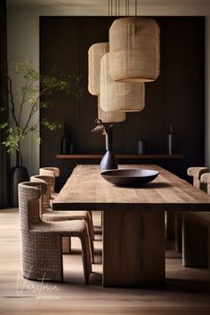 a dining room table with chairs and lights hanging from it's ceiling, in front of a wooden paneled wall