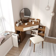 a desk with a mirror, stool and other items on it