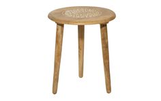 a small wooden stool with an intricate design on the top and bottom, sitting against a white background