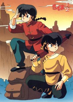 two anime characters sitting on top of a rock