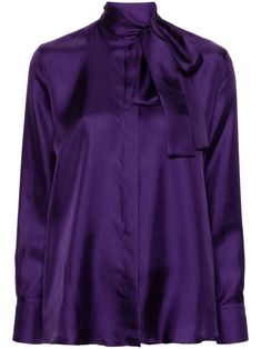 violet purple silk twill weave pussy-bow collar long sleeves with buttoned cuffs curved hem concealed front button placket Fashion Guide, Bow Collar, City Dress, Twill Weave, Violet Purple, Purple Shirt, Purple Silk, Satin Shirt, Silk Twill