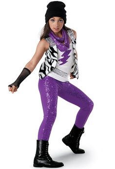 Weissman™ | Fur Vest, Lightening Tank & Leggings For pricing please call or text Michele at 757-534-8311 or email us at thedancingfeetshop@gmail.com Hip Hop Photoshoot, Weissman Costumes, Duo Costumes, Electric Purple, Dance It Out