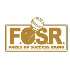 the fosr faces of success radio logo is shown in gold and brown colors