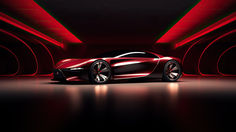 an artistic rendering of a futuristic car with red lights on the side and black background