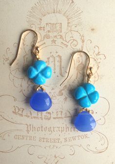 Turquoise Blue Earrings | Blue Chalcedony Drops | Carved Howlite Bead | Clover… Earrings Blue, Blue Chalcedony, Blue Earrings, Turquoise Blue, Carving, Turquoise